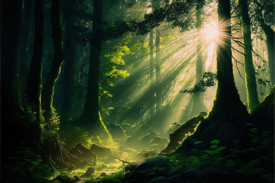Light streaming behind trees in a forest